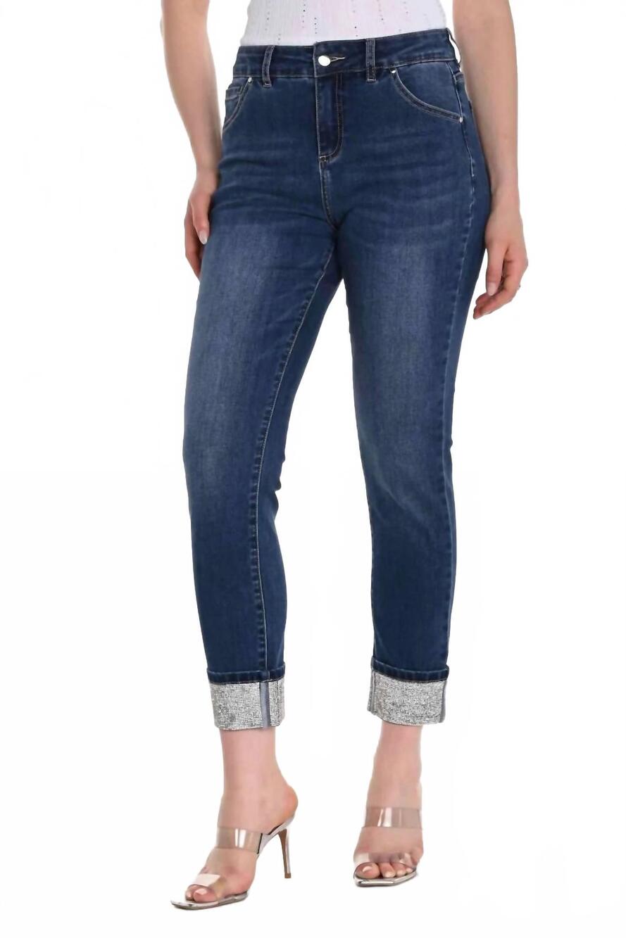 NEW FRANK LYMAN rhinestone cuff denim pant in blue